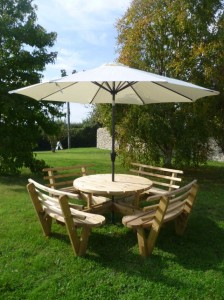 outdoor picnic table and parasol