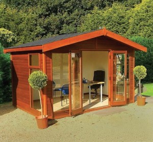 Wooden summerhouse with open doors