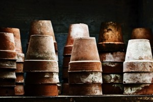 Terracotta pots stored upside down