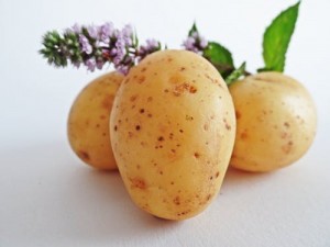 New potatoes garnished with rosemary and mint
