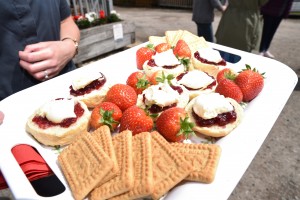 Tray of scones, strawberries and biscuits