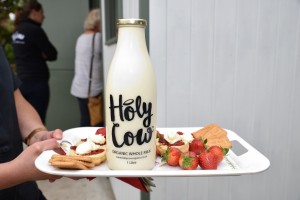 Milk bottle on tray of food